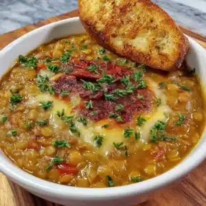 Bowl of steaming vegetarian lentil soup with vegetables and herbs