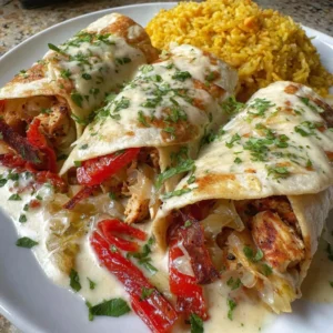 Plate of flavorful air fryer chicken fajitas with colorful bell peppers and onions