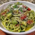Avocado pesto zucchini noodles served in a bowl