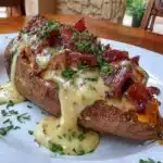 BBQ chicken stuffed sweet potatoes topped with herbs and spices.