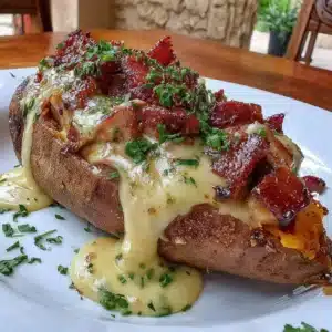 BBQ chicken stuffed sweet potatoes topped with herbs and spices.