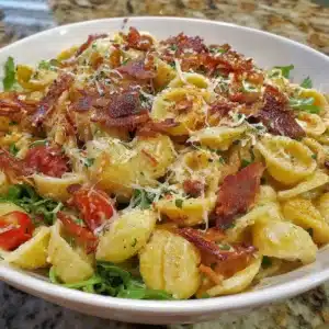 Delicious gluten free dairy free BLT pasta salad in a bowl