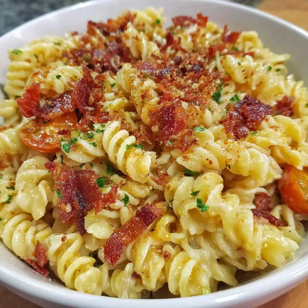 Gluten-free dairy-free BLT pasta salad in a bowl with cherry tomatoes and bacon