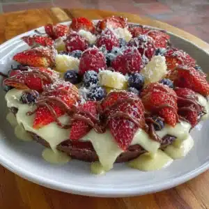 Delicious Brownie Fruit Pizza topped with fresh fruits and chocolate drizzle
