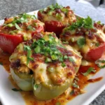 Buffalo chicken stuffed peppers, dairy-free and low-carb dish served on a plate.
