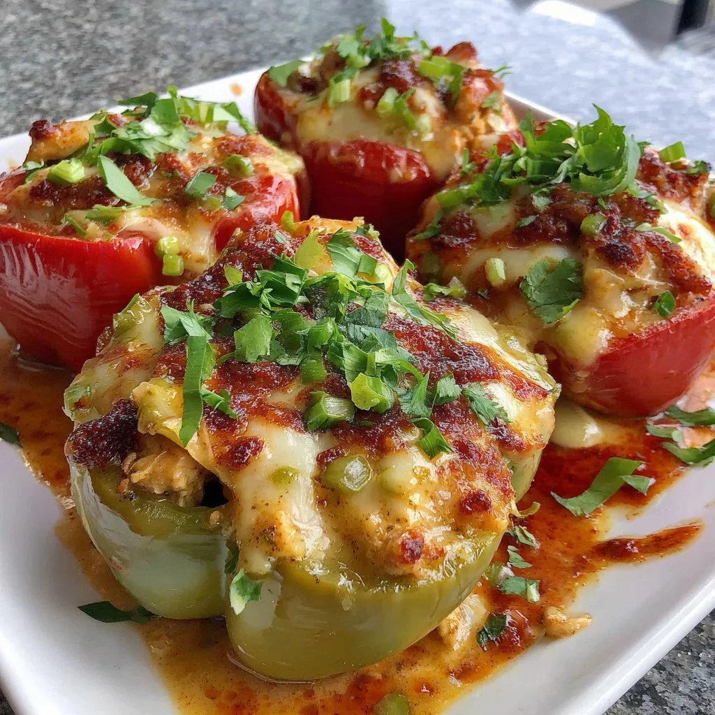 Buffalo chicken stuffed peppers, dairy-free and low-carb dish served on a plate.