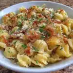 Creamy caramelized onion pasta garnished with herbs and cheese