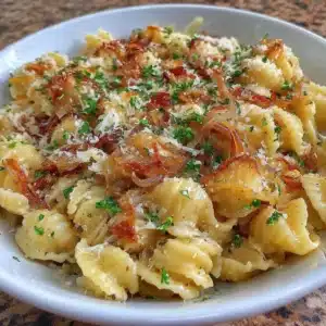 Creamy caramelized onion pasta garnished with herbs and cheese