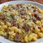 Creamy beef pasta dish served in a bowl with parsley garnish
