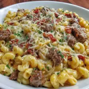 Creamy beef pasta dish served in a bowl with parsley garnish