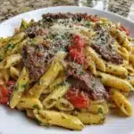 Creamy Garlic Beef Pasta with low carb keto penne served in a bowl