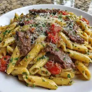 Creamy Garlic Beef Pasta with low carb keto penne served in a bowl