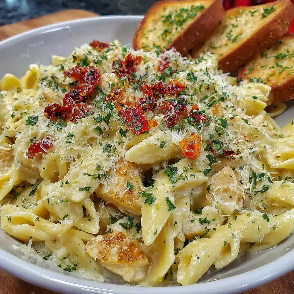 Dairy-Free Chicken Alfredo served in a bowl with fresh parsley garnish.