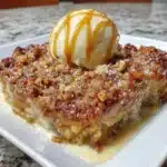 Delicious gluten free apple crisp topped with oats and cinnamon in a baking dish.