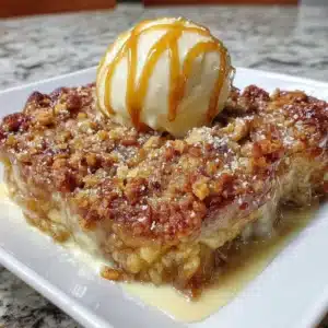 Delicious gluten free apple crisp topped with oats and cinnamon in a baking dish.