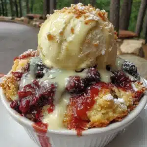 Easy single-serve blueberry cobbler in a bowl with fresh blueberries on top.