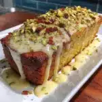 Flourless orange pistachio almond cake topped with fresh orange slices.