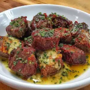 Succulent garlic butter steak bites served on a plate for a quick dinner.