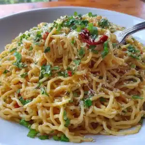 Delicious Garlic Sesame Noodles served with a sprinkle of sesame seeds and herbs