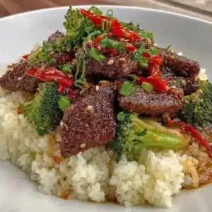 Delicious Gluten-Free Mongolian Beef served with rice and vegetables