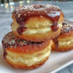 Gluten-free air fryer Boston cream donuts on a plate with chocolate icing.