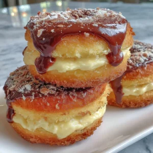 Gluten-free air fryer Boston cream donuts on a plate with chocolate icing.