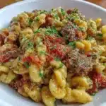 A bowl of gluten-free cheeseburger pasta topped with cheese and herbs