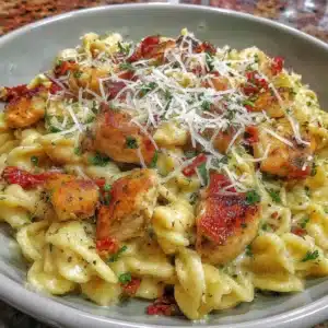 Gluten-free chicken alfredo pasta dish served with fresh herbs and grated cheese