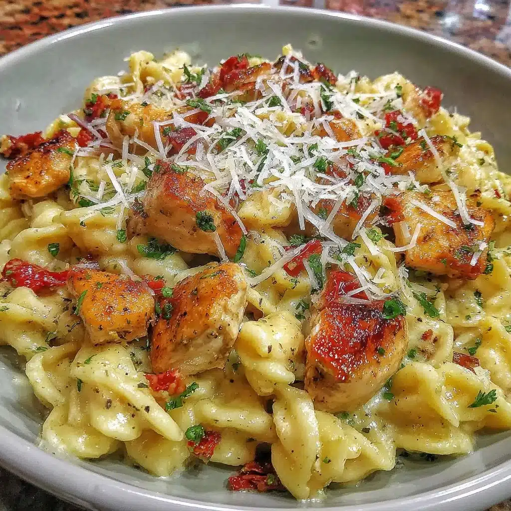 Gluten-free chicken alfredo pasta dish served with fresh herbs and grated cheese