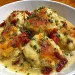 Bowl of gluten free chicken and dumplings with herbs and vegetables