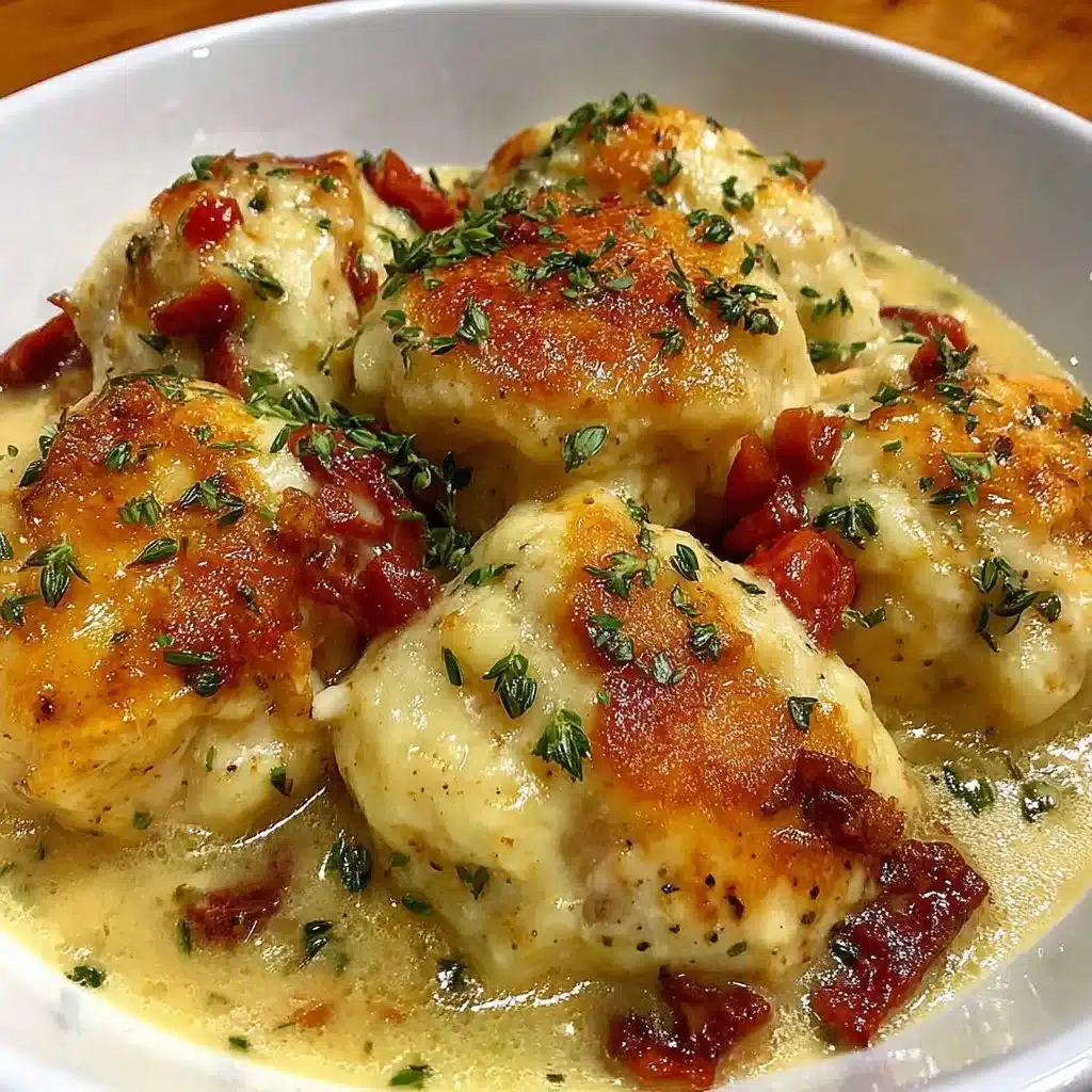 Bowl of gluten free chicken and dumplings with herbs and vegetables