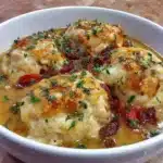 Gluten-free chicken and dumplings in a bowl with herbs