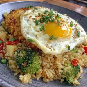 Bowl of gluten-free chicken fried rice with fresh vegetables and herbs
