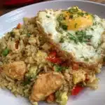 Delicious gluten-free chicken fried rice recipe served in a bowl.
