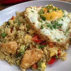 Delicious gluten-free chicken fried rice recipe served in a bowl.