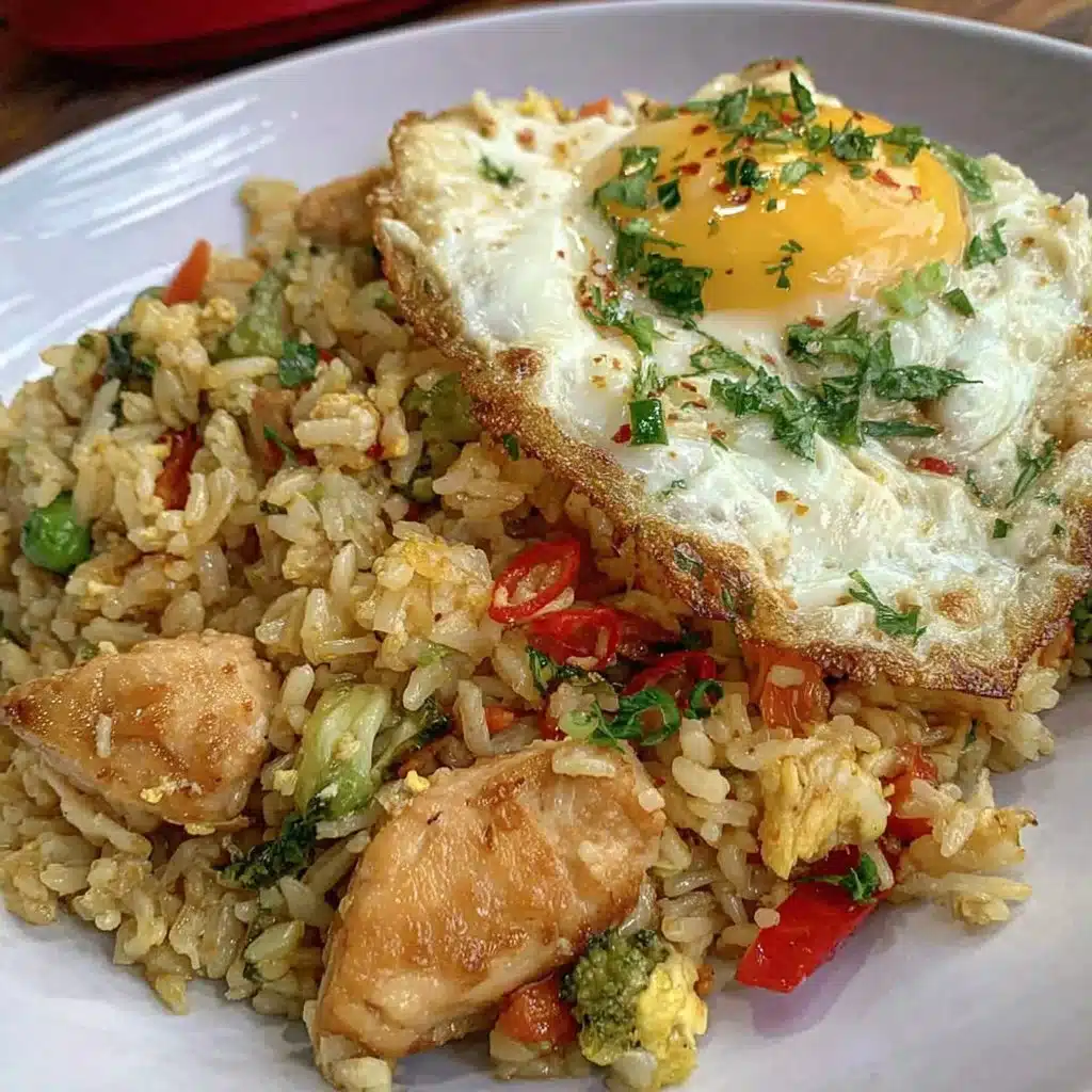 Delicious gluten-free chicken fried rice recipe served in a bowl.