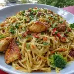 Gluten-free chicken lo mein dish with colorful vegetables.
