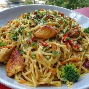 Gluten-free chicken lo mein dish with colorful vegetables.