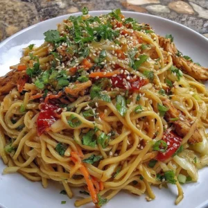 Bowl of gluten-free chicken lo mein with colorful vegetables