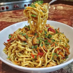 Delicious gluten-free chicken lo mein prepared using easy wok technique.