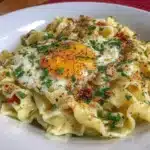 Bowl of homemade gluten-free egg noodles with fresh herbs