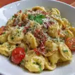 Bowl of gluten-free fresh pasta served with herbs and cherry tomatoes