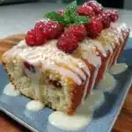 Gluten-free lemon raspberry loaf cake with fresh raspberries and lemon zest