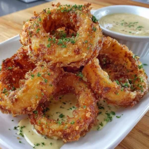 Crispy gluten-free onion rings served with a dipping sauce