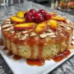 Gluten-free peach almond cake topped with fresh peaches and almonds