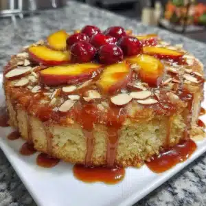 Gluten-free peach almond cake topped with fresh peaches and almonds