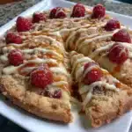 Gluten-free raspberry crumble dessert pizza topped with fresh raspberries and crumble.