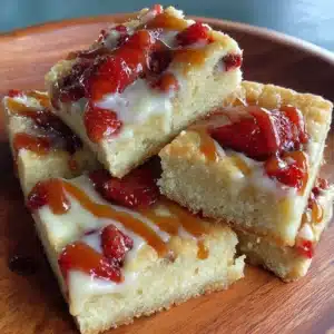 Delicious gluten free strawberry bars on a plate, garnished with fresh strawberries.