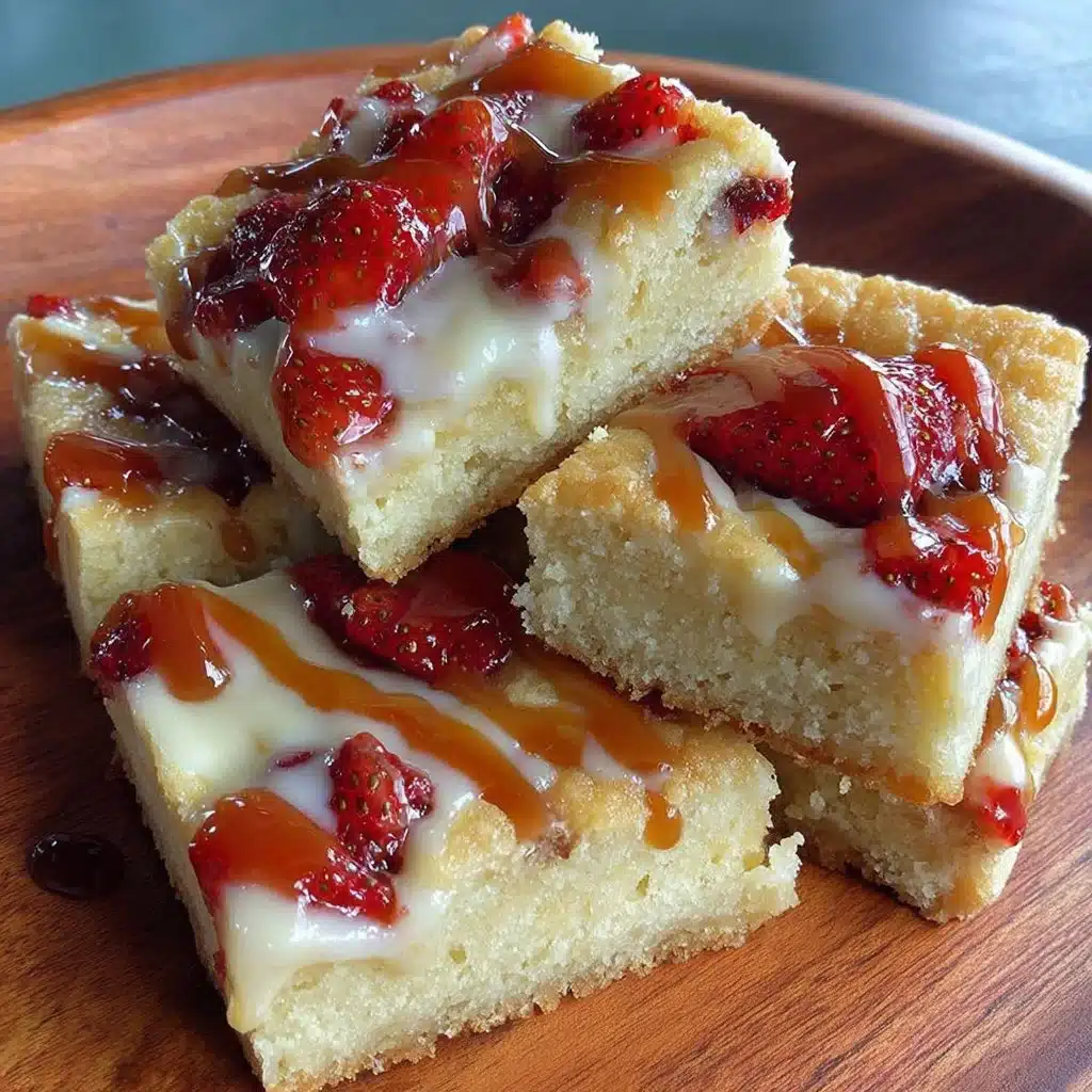 Delicious gluten free strawberry bars on a plate, garnished with fresh strawberries.