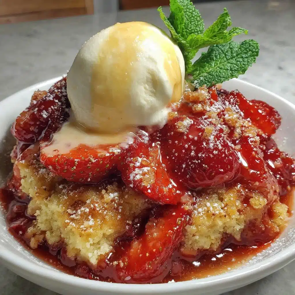 Delicious gluten-free strawberry cobbler topped with fresh strawberries.